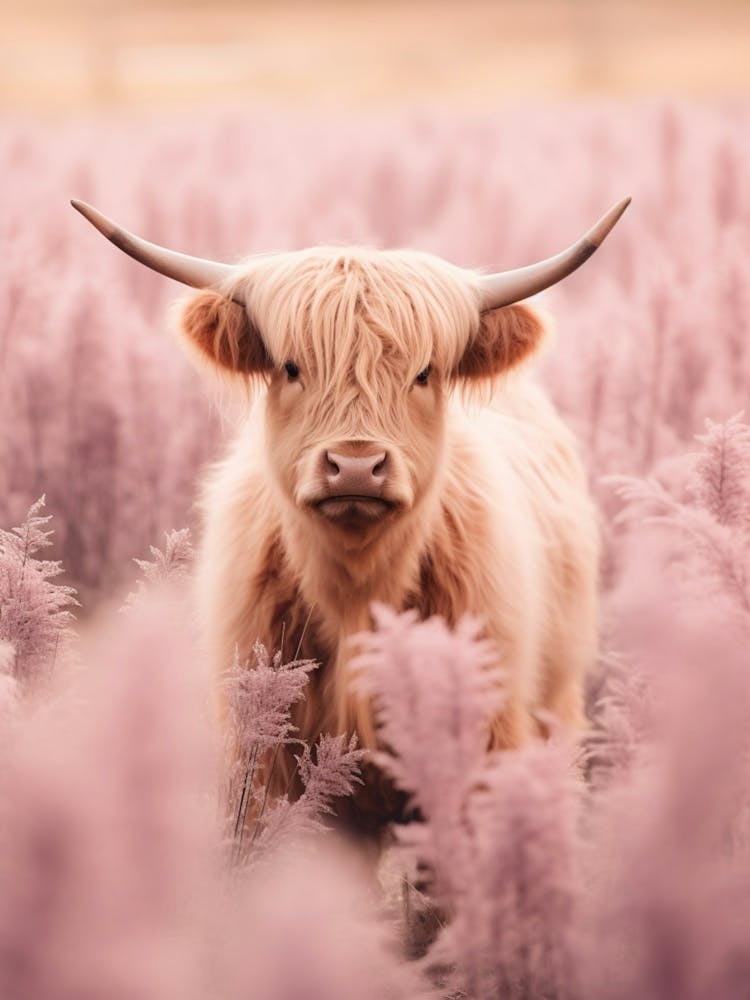 Highland Cow In Field With Long Pink Grass 2