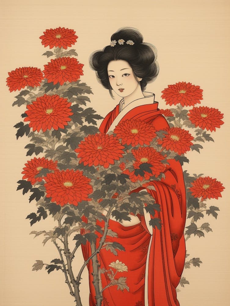 Kiku Chrysanthemum Vintage Japanese Botanical And Geisha