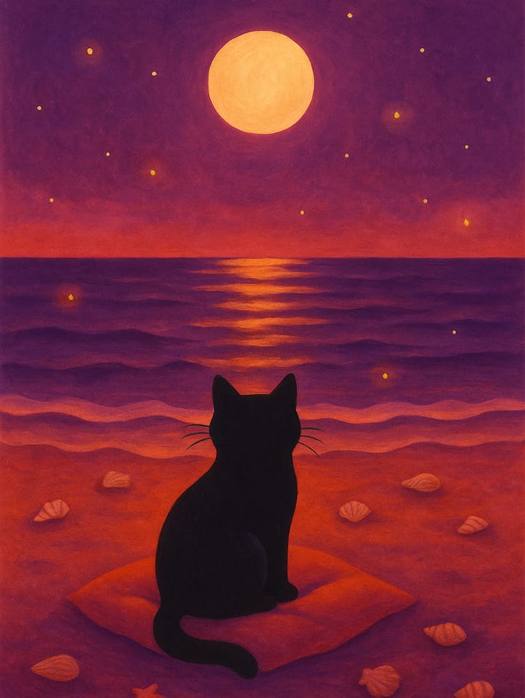 Moonlight Shore Poster – Black Cat by the Sea