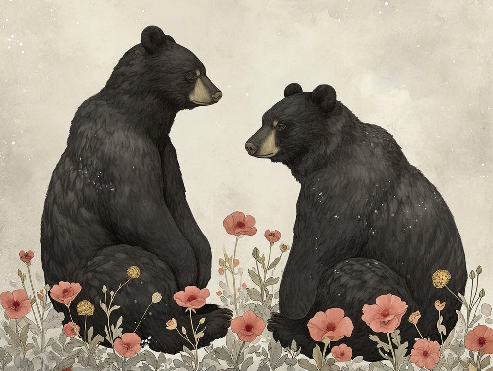 Floral Animal Illustration Black Bear 3