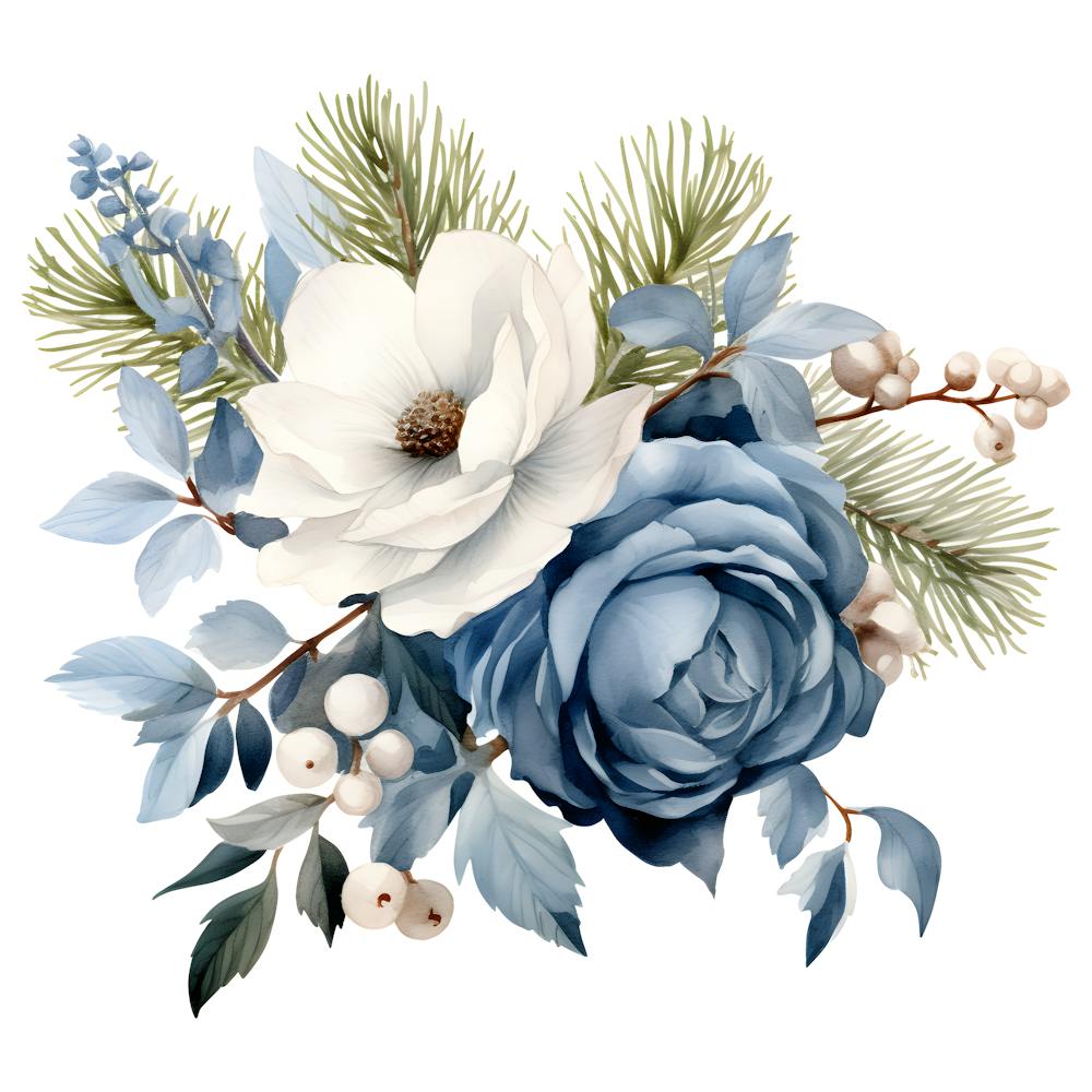 Blue and White Floral Arrangement Wall Art - Winter Roses and Magnolia Print