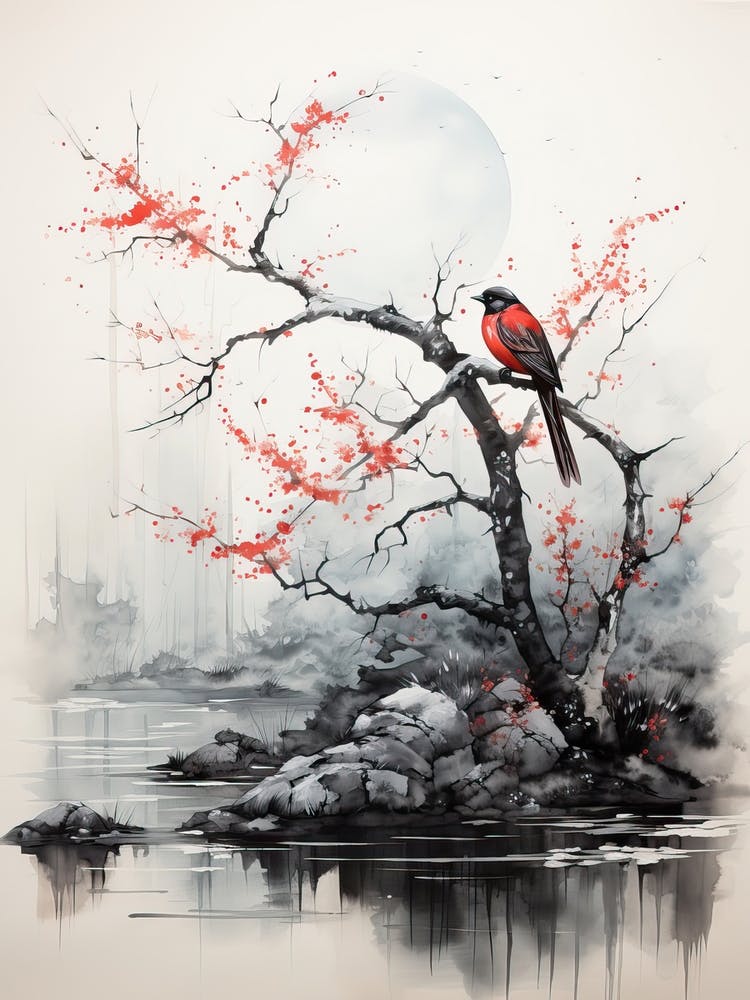 Red Bird, Japanese Brush Painting, Ukiyo E, Minimal 4