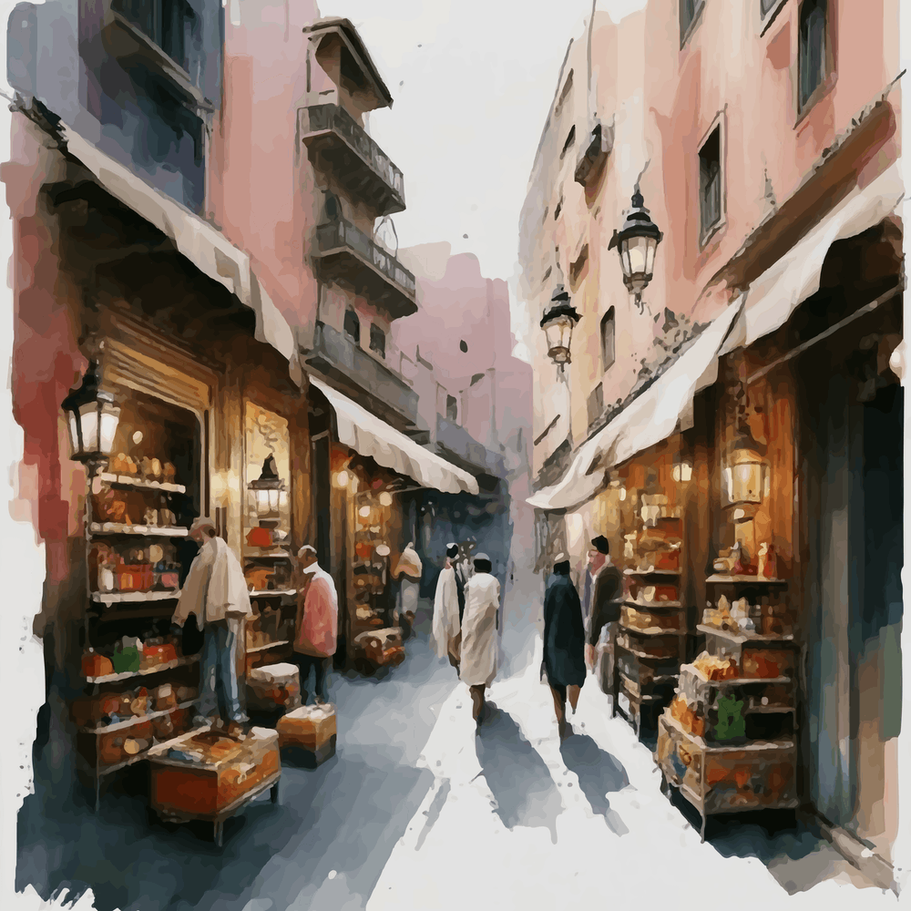 Marrakech Street, Whimsical Watercolor City