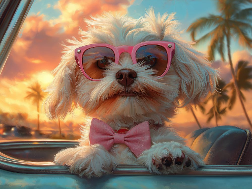 Chien Mignon Portant Des Lunettes De Soleil Roses Et Un Nœud Papillon