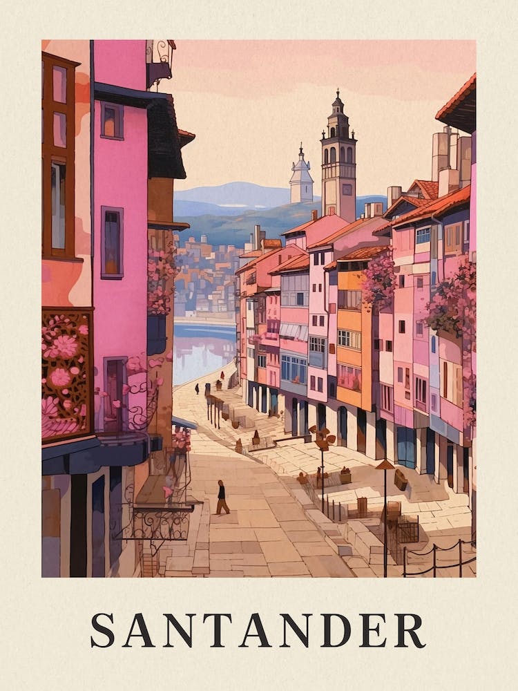 Santander Spain 1 Vintage Pink Travel Illustration Poster
