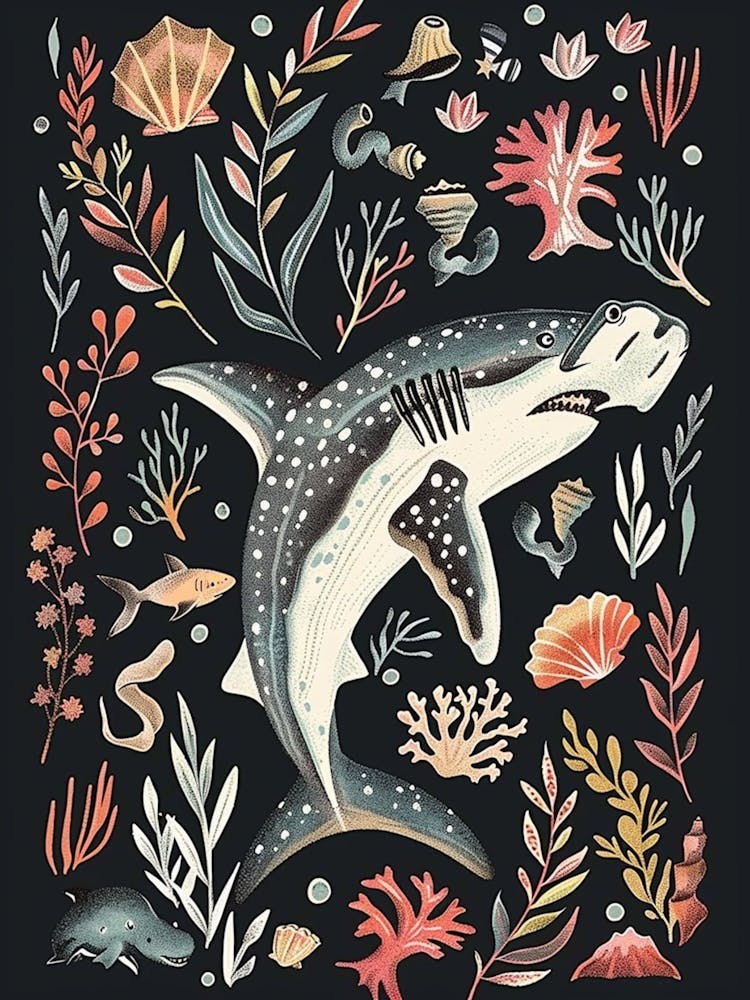 Hammerhead Shark Seascape Black Background Illustration 1