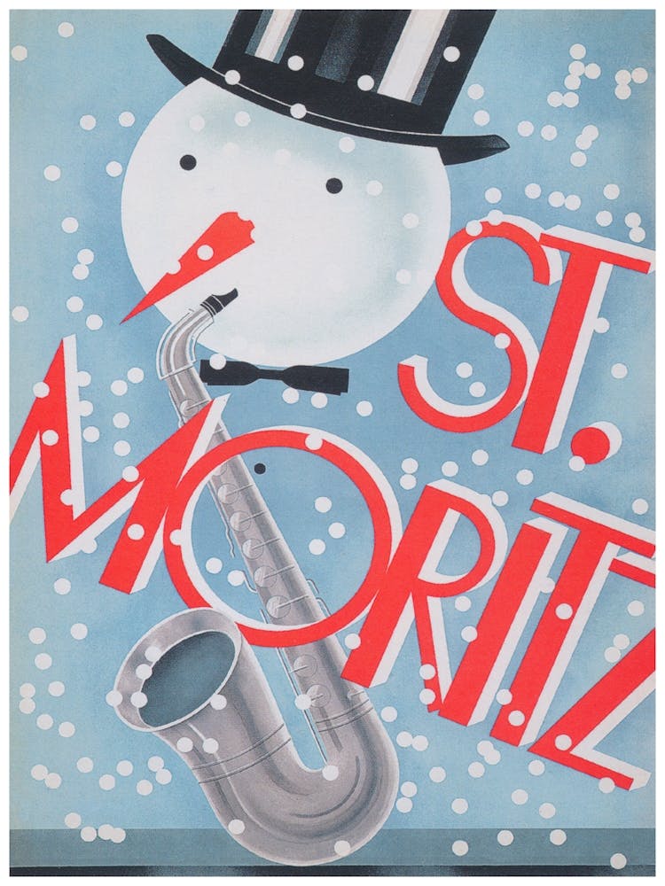 St Moritz Switzerland, Snowman with Saxophone Vintage Poster