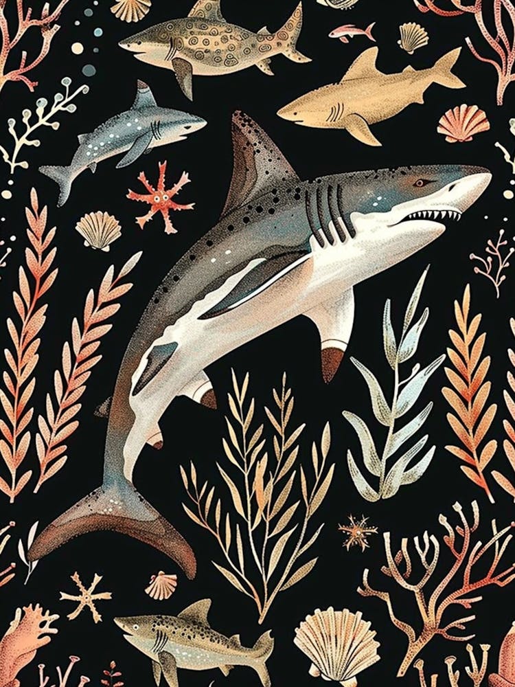 Largetooth Cookiecutter Shark Seascape Black Background Illustration 3