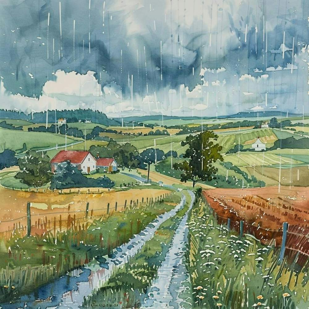 Rainy Countryside Watercolor Painting | Country Rain Landscape Illustration | Peaceful Living Nostalgia Idyllic | Feel the Rain
