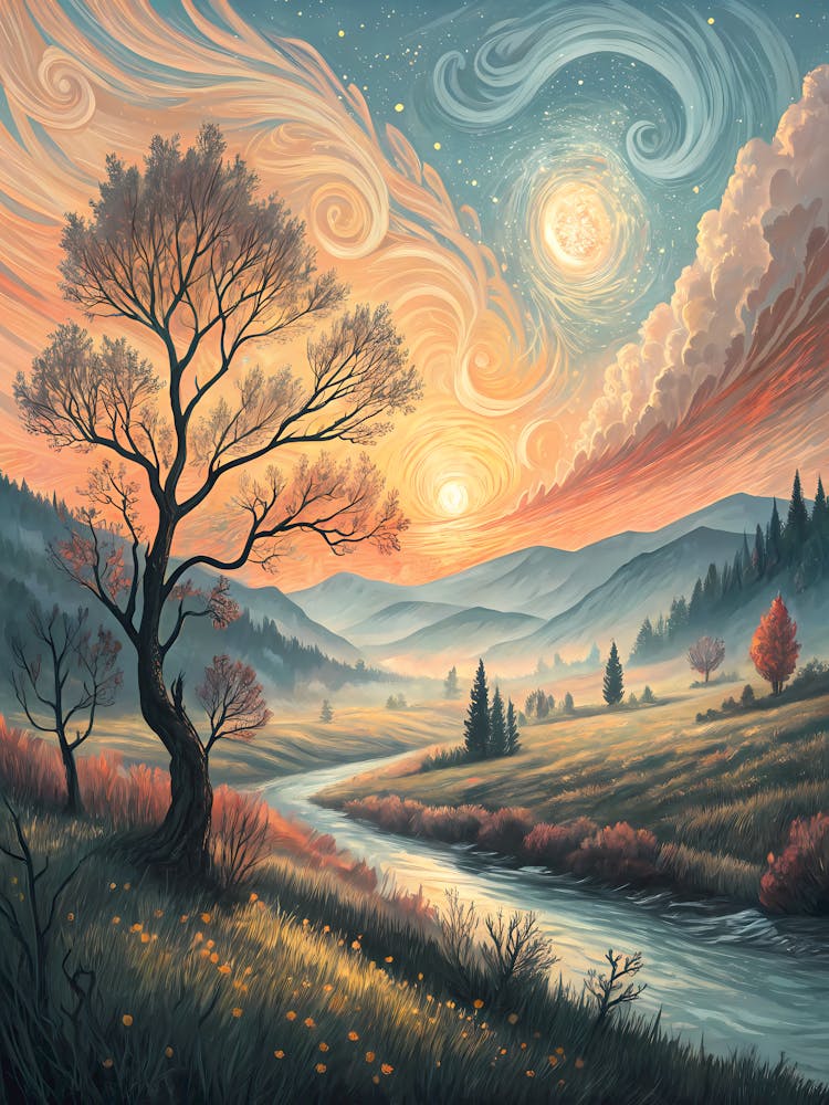 Oil Painting Style Misty Morning Landscape with Swirling Sky and River