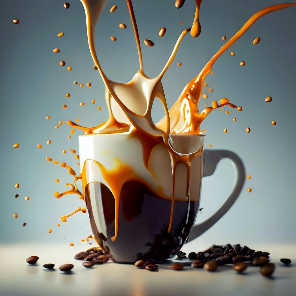 COFFEE TIME - splashes of coffee in a mug photography with milk and coffee as the main subject.