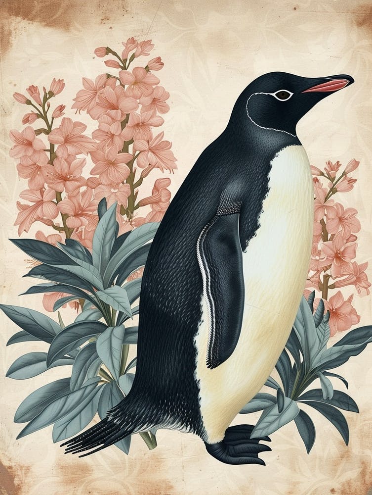 Adlie Penguin Petermann Island Vintage Botanical Painting 1