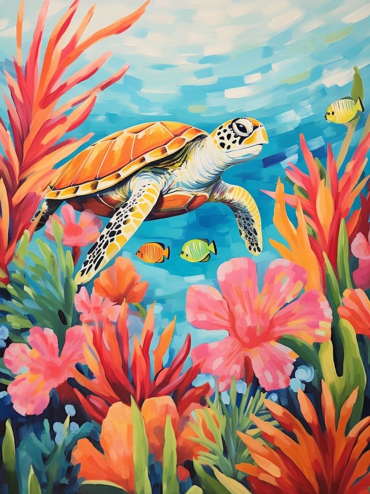 Pastel Sea Turtle With Tropical Flowers
