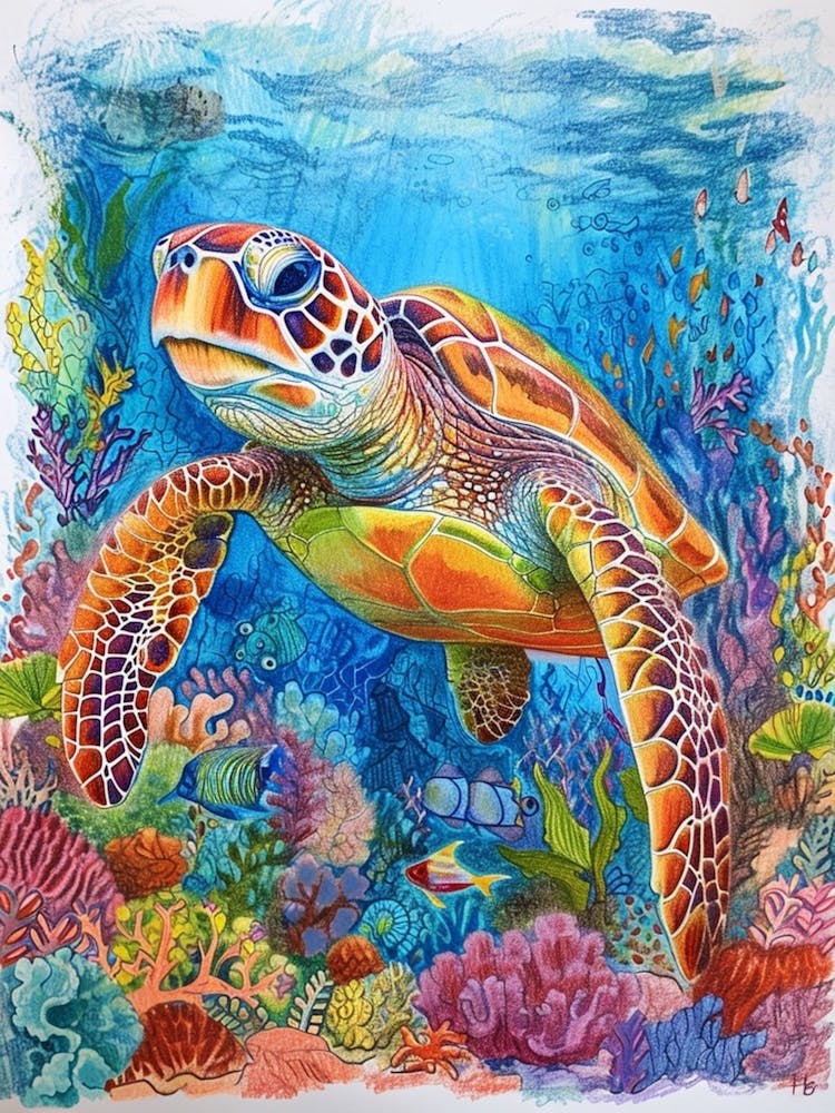 Colourful Sea Turtle On The Magical Ocean Floor Pencil Illustration