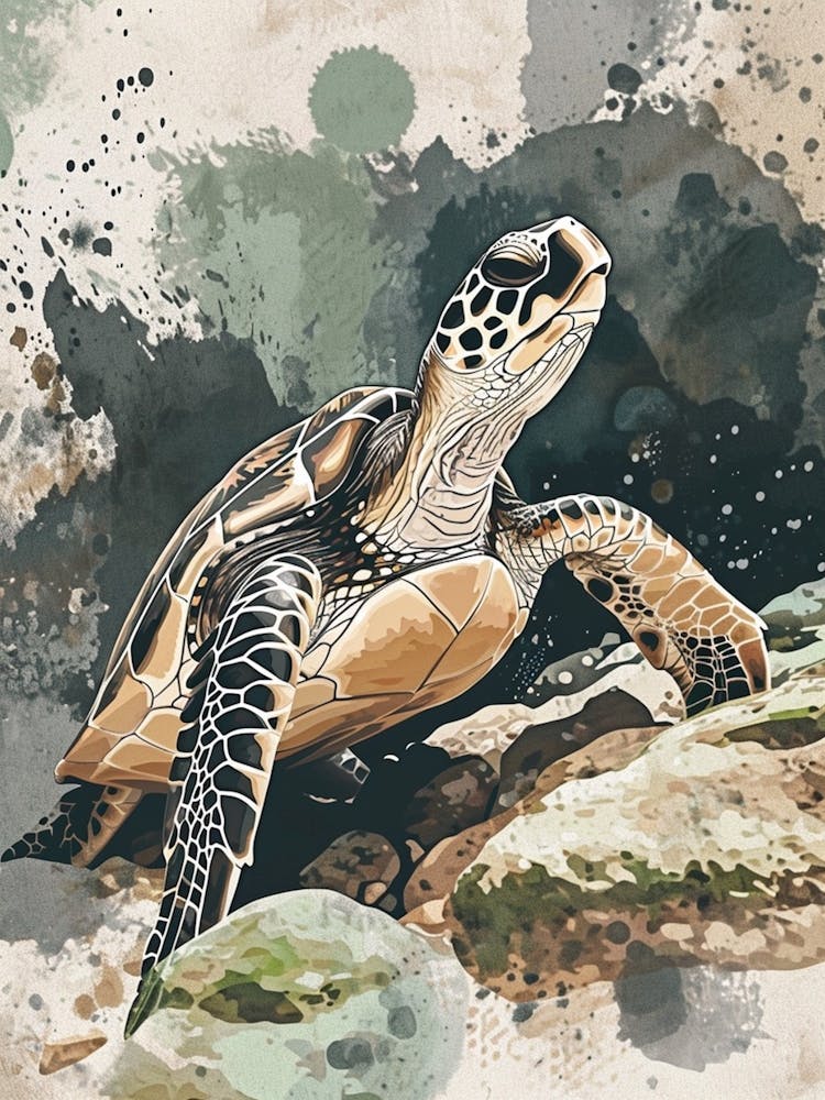 Sea Turtle On The Rocky Beach Watercolour Inspired 2