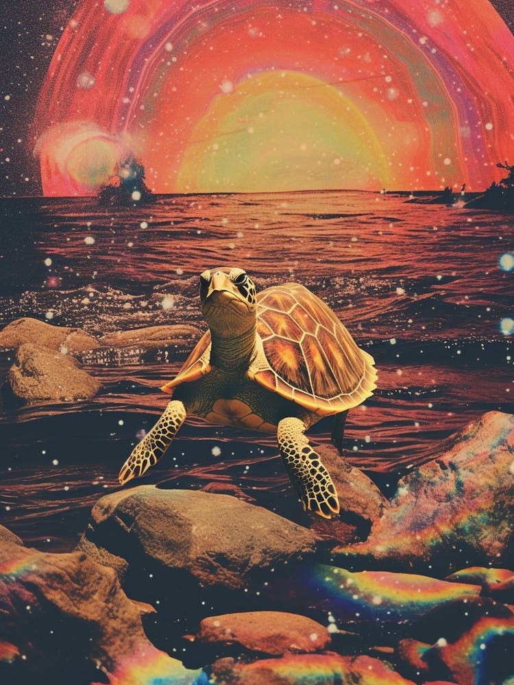 Retro Sea Turtle In Space Collage 2