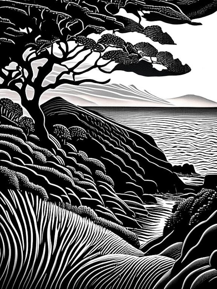 Wave Hill, Usa Linogravure Noir et Blanc Vintage