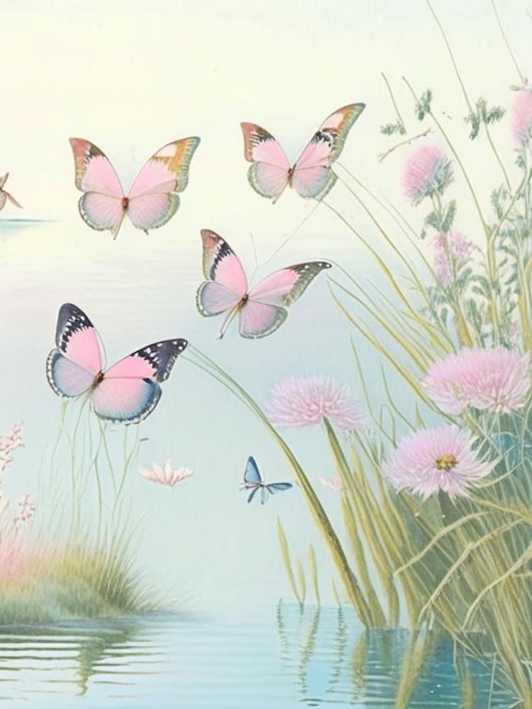 Butterflies On Lake Vintage Pastel 2