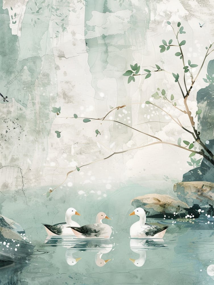 Landscape Painting，A Group Of Little Ducks In The Water，Illustration，Neo Chinese Style，Zhang Kechun Style ，Light Blue And Light Green，Empty Space ，Minimalism