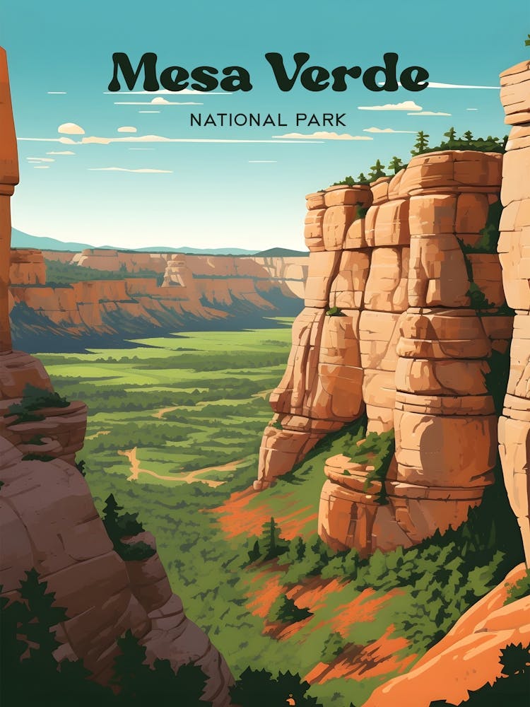 Mesa Verde National Park Colorado Mountain Travel Illustration