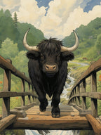 Animated Black Bull Crossing A Wooden Bridge 2