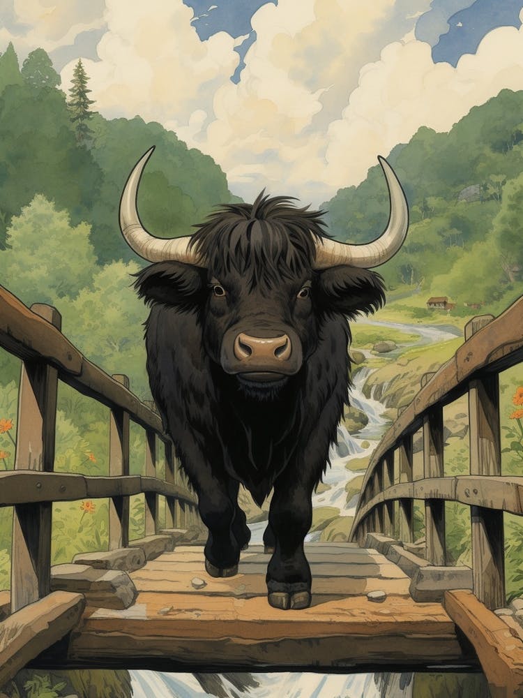 Animated Black Bull Crossing A Wooden Bridge 2