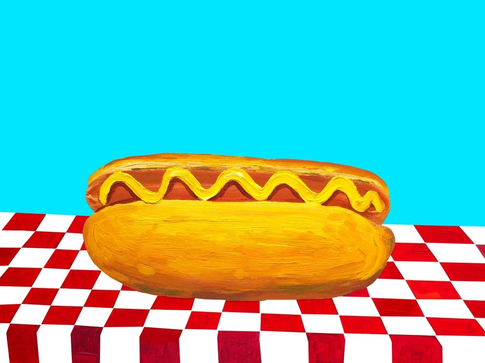 Hot Dog With Mustard on Red Check Blue