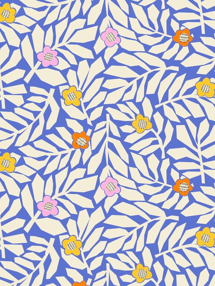 Abstract Cut Out Leaves and Pastel Blossoms White on Periwinkle Blue