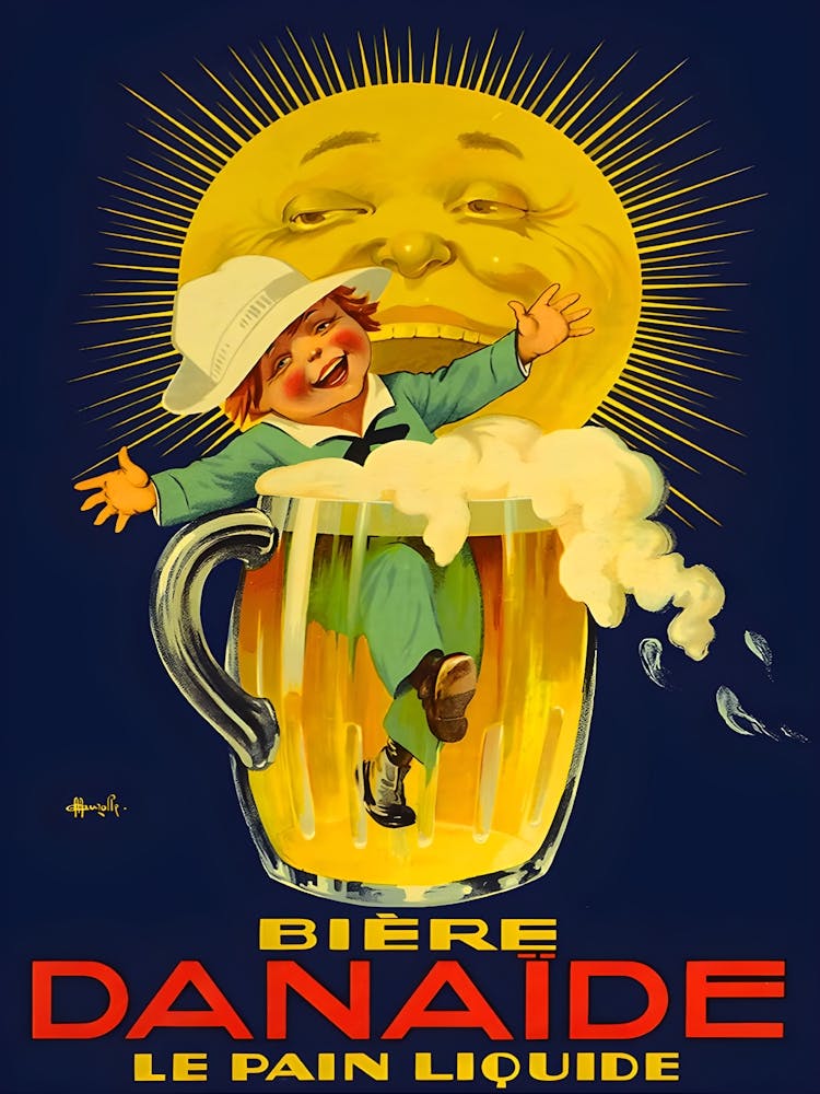 Boy In a Big Glass Of Beer, Funny Vintage Advertisement