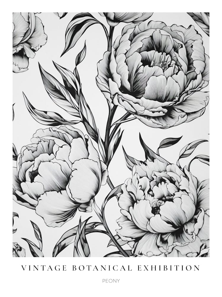Peony B&W Vintage Botanical Poster
