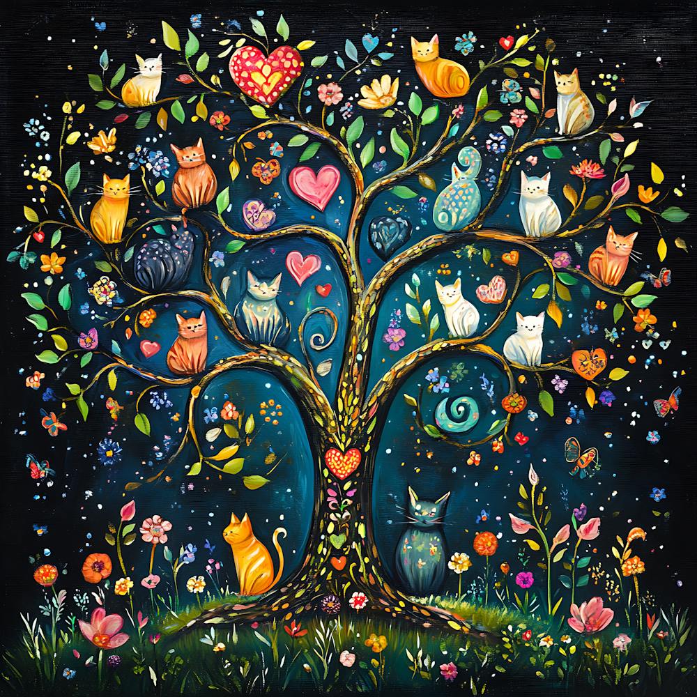Folk Art Heart Tree Cat Climbing Artwork 4