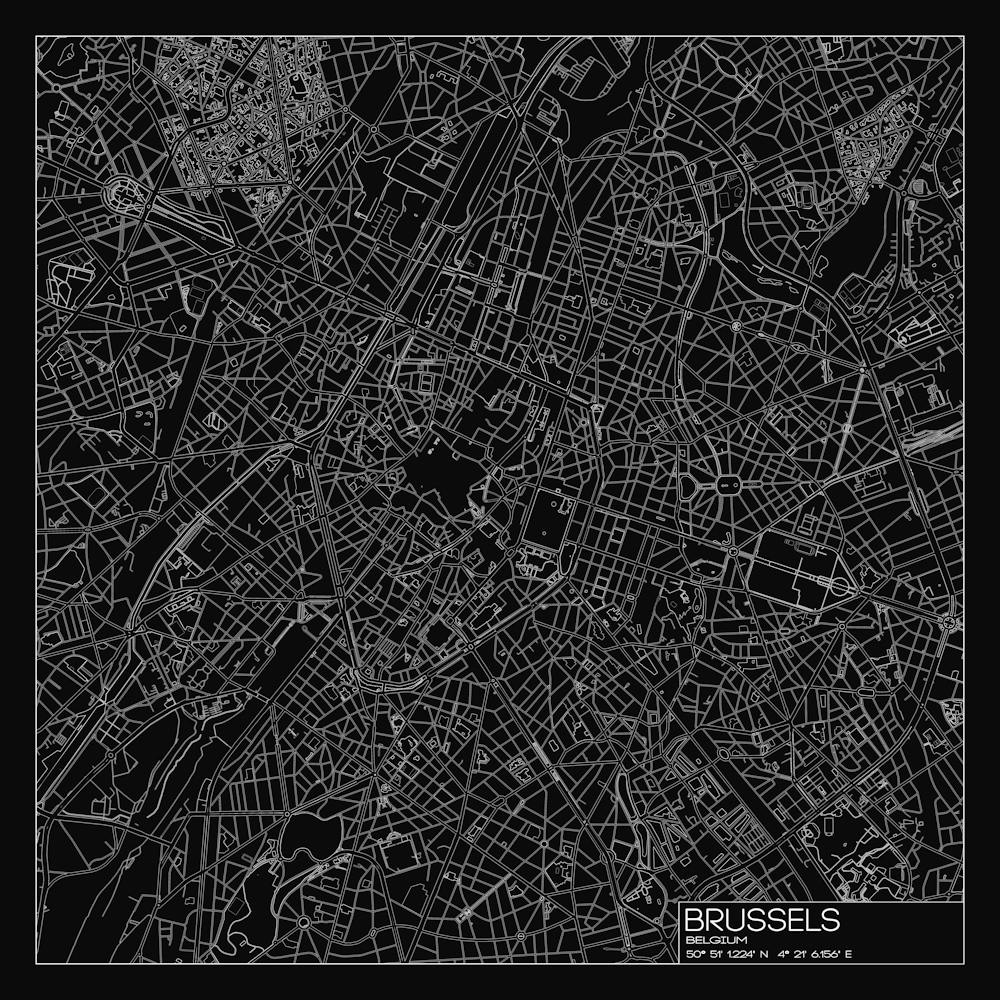 Brussels Belgium city map white on black blueprint design