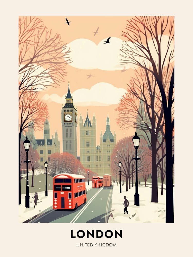 Vintage Winter Travel Poster London United Kingdom 2