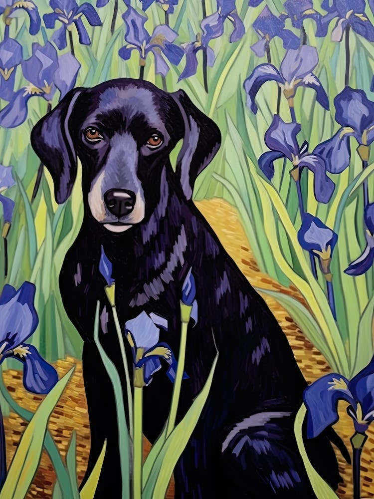 Van Gogh Irises With Black Dog Portrait