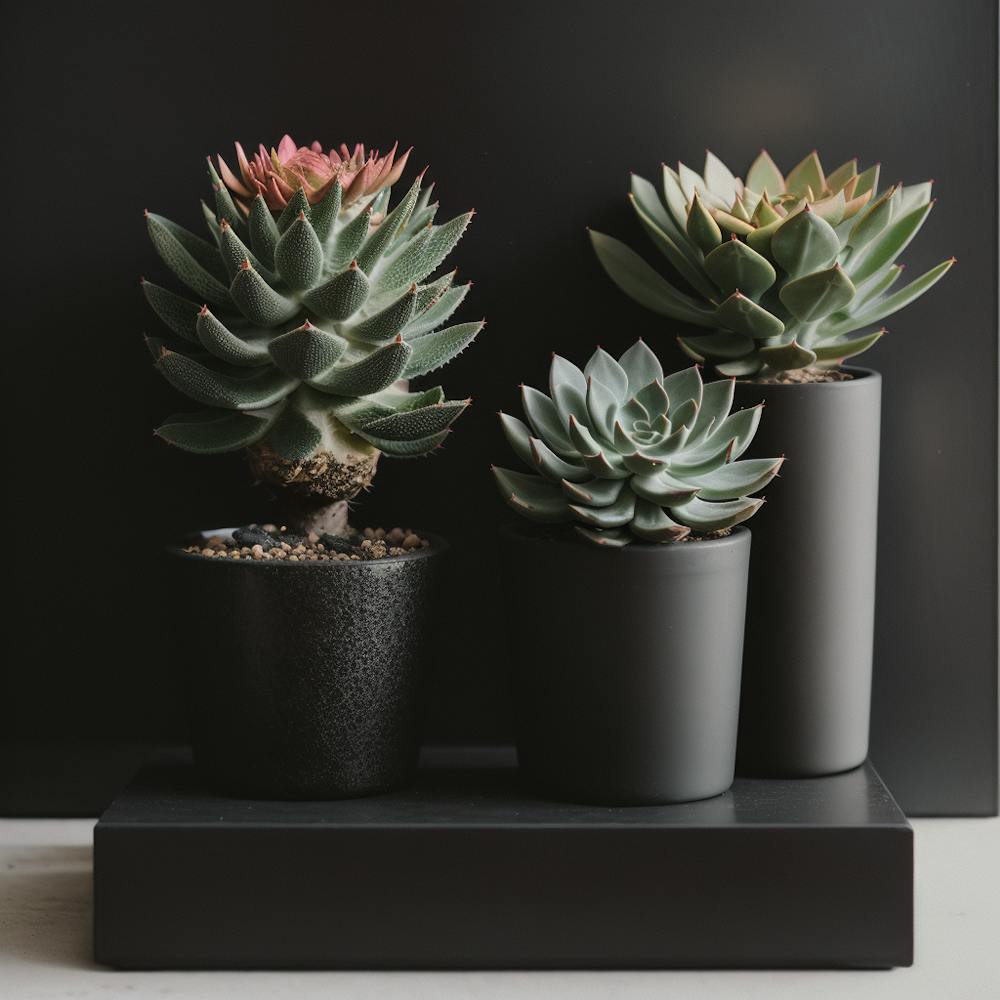 Three Succulents On A Black Stand
