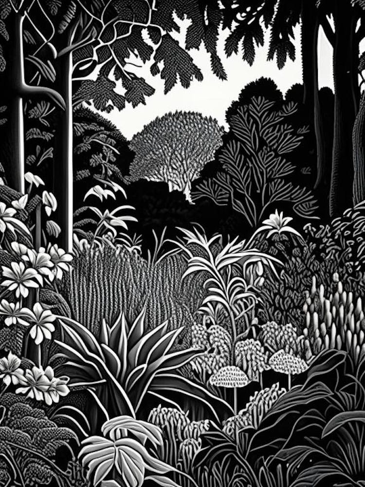 Denver Botanic Gardens, Usa Linocut Black And White Vintage