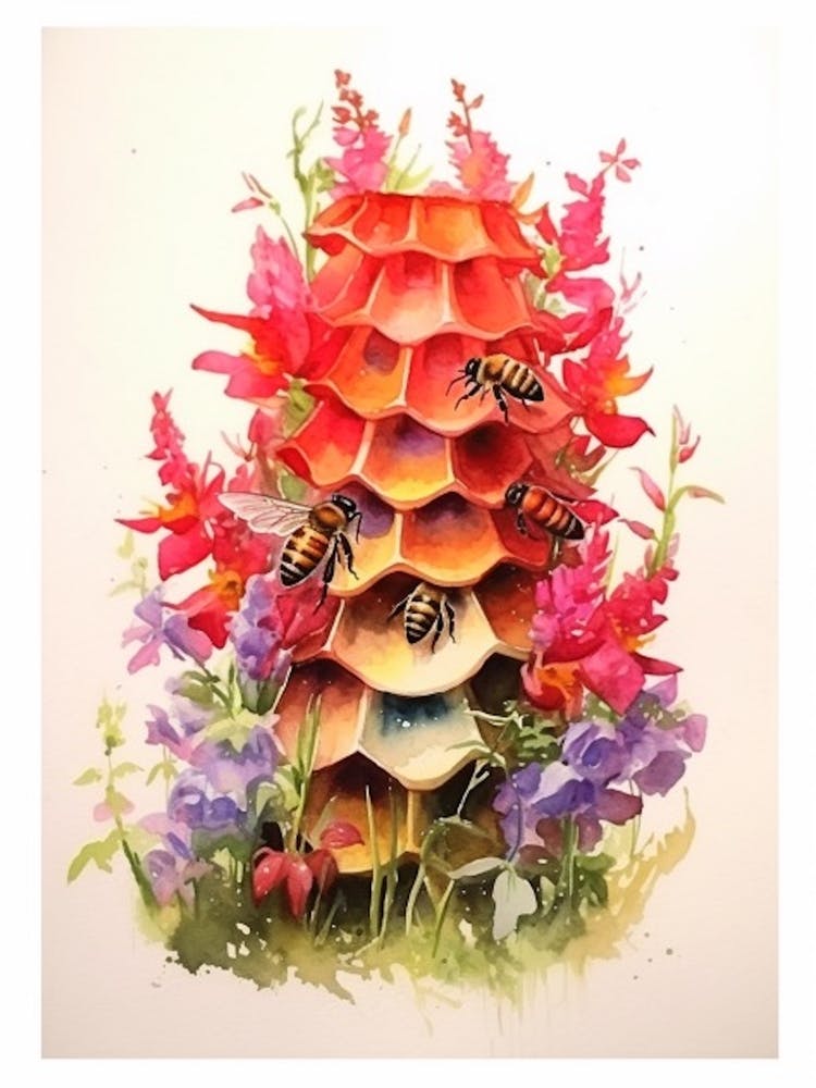 Beehive With Snapdragons Watercolour Illustration 1