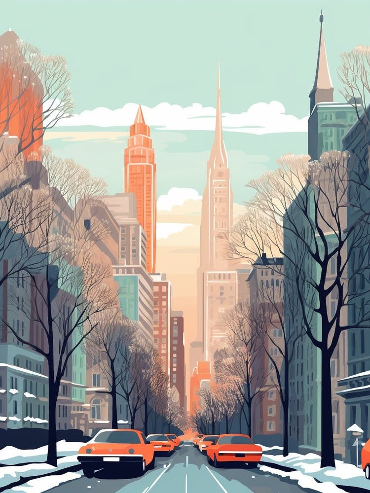 Vintage Winter Travel Illustration Chicago Usa 1