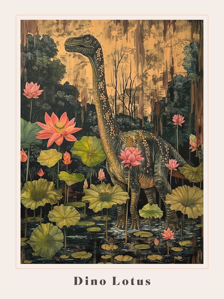 Dinosaur With Lotus Flowers Painting 2 Poster