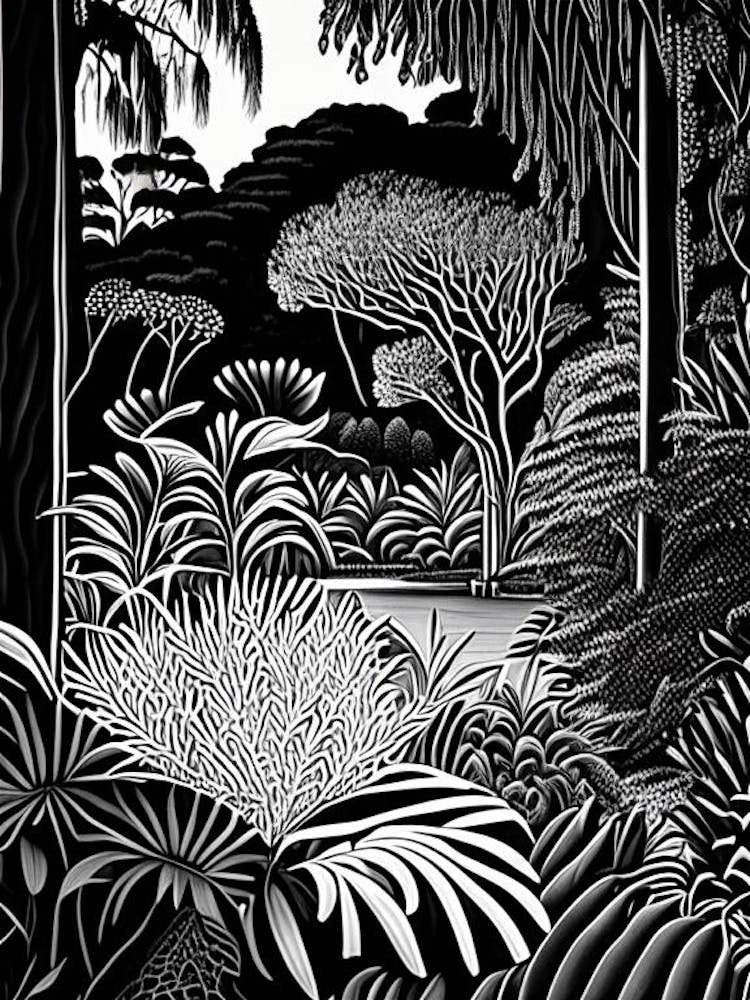 Royal Botanic Gardens, Sydney, 1, Australia Linocut Black And White Vintage