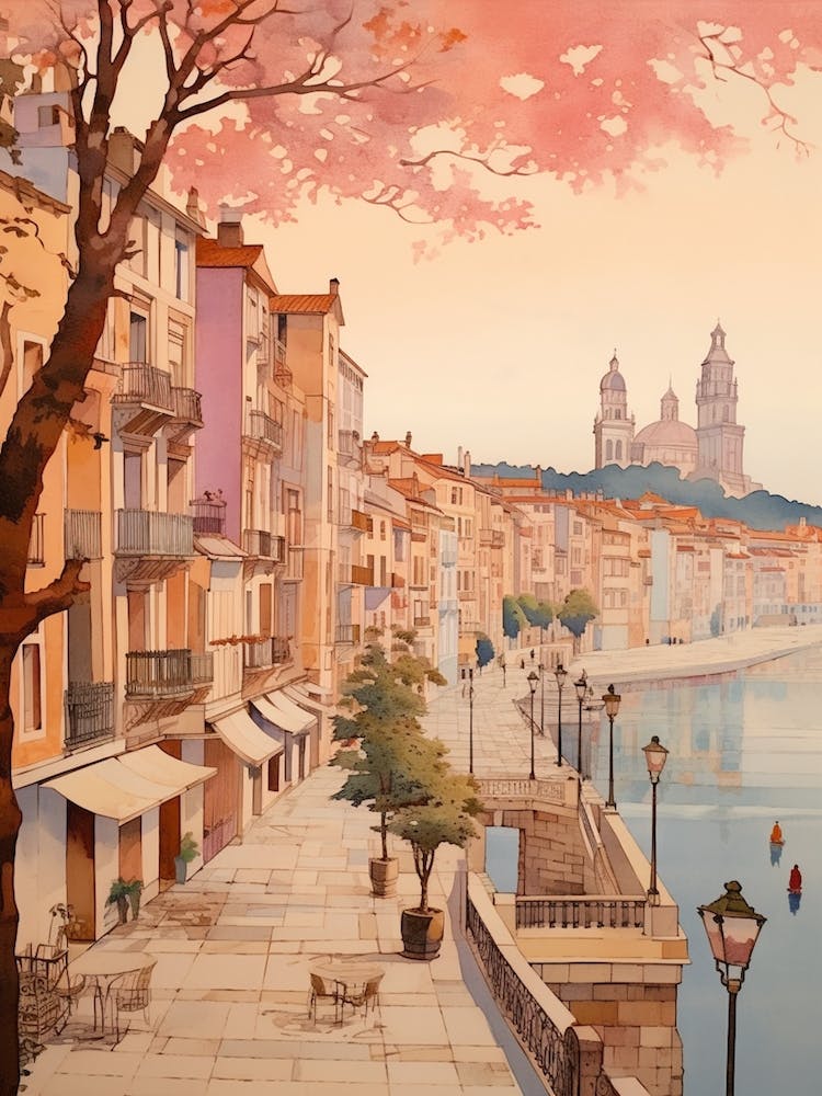 Santander Spain 4 Vintage Pink Travel Illustration