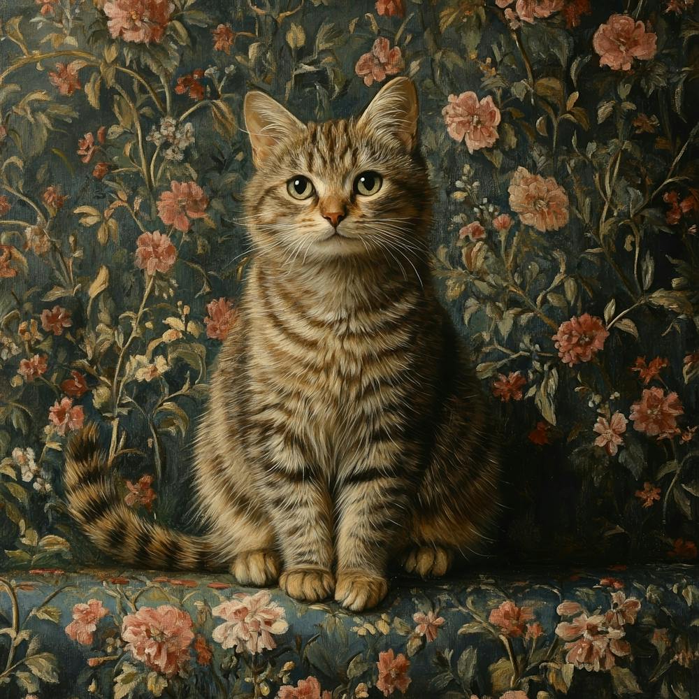 Cat On Floral Wallpaper Art