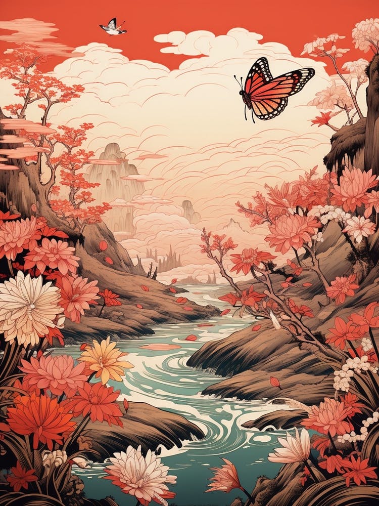 Butterflies At Sunset By The River Japanese Style Painting 2
