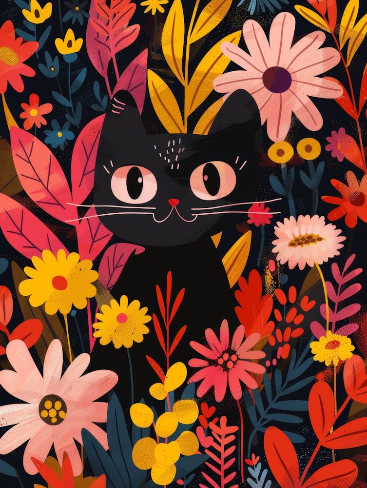 Black Cat In Flowers 6