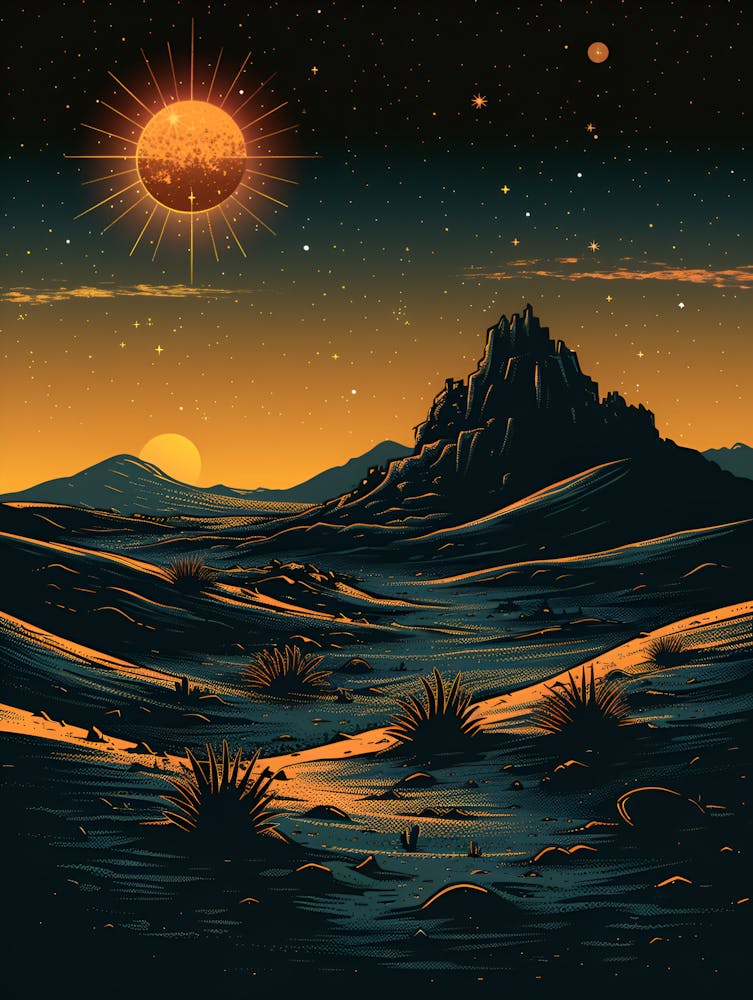 Desert Landscape With Stars And Planets