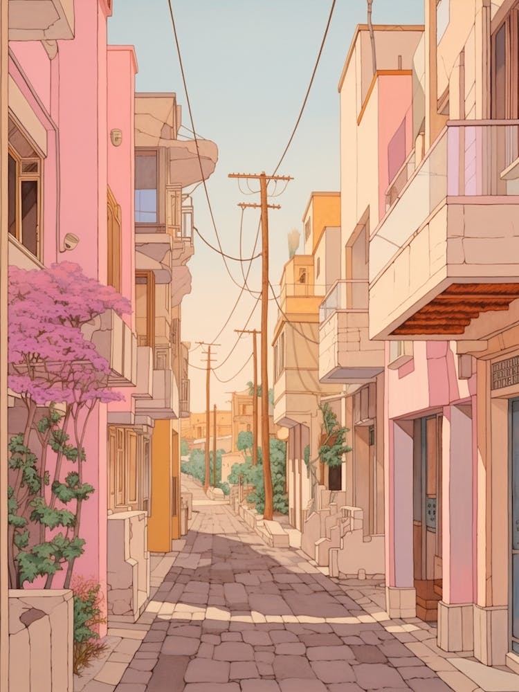 Limassol Cyprus 3 Vintage Pink Travel Illustration