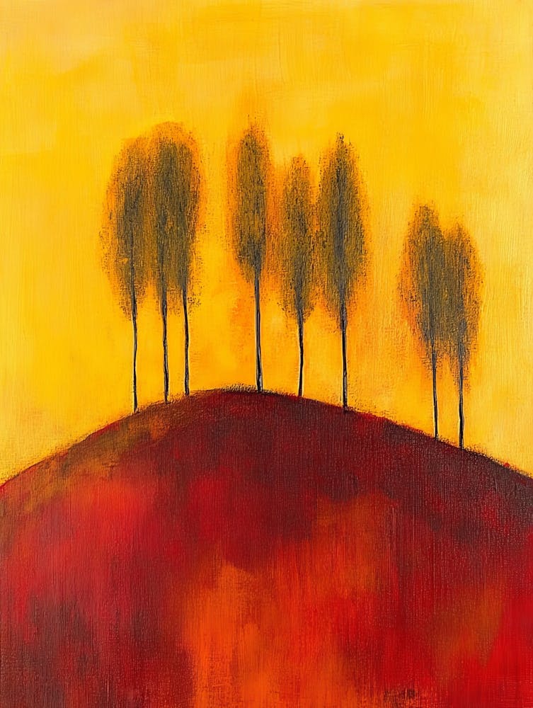 This Is An Abstract Painting Of Trees On A Hill 1