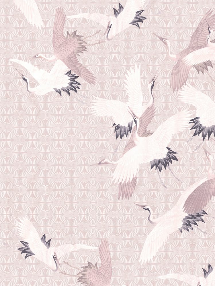 Vintage Japanese Egret Birds Flight Pastel Pink