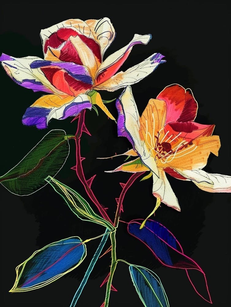 Neon Flowers On Black Rose 2