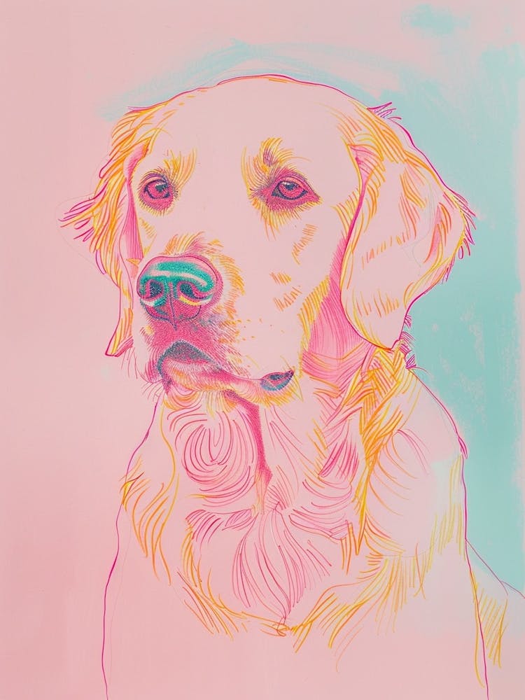 Golden Retriever Dog Pink & Blue Line Illustration
